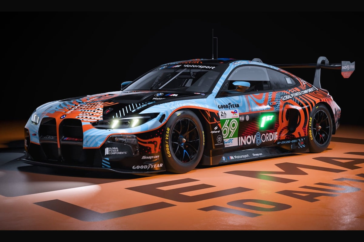 WRT's #69 BMW M4 GT3 EVO in its pale blue, orange and black 2026 Le Mans tribute livery.