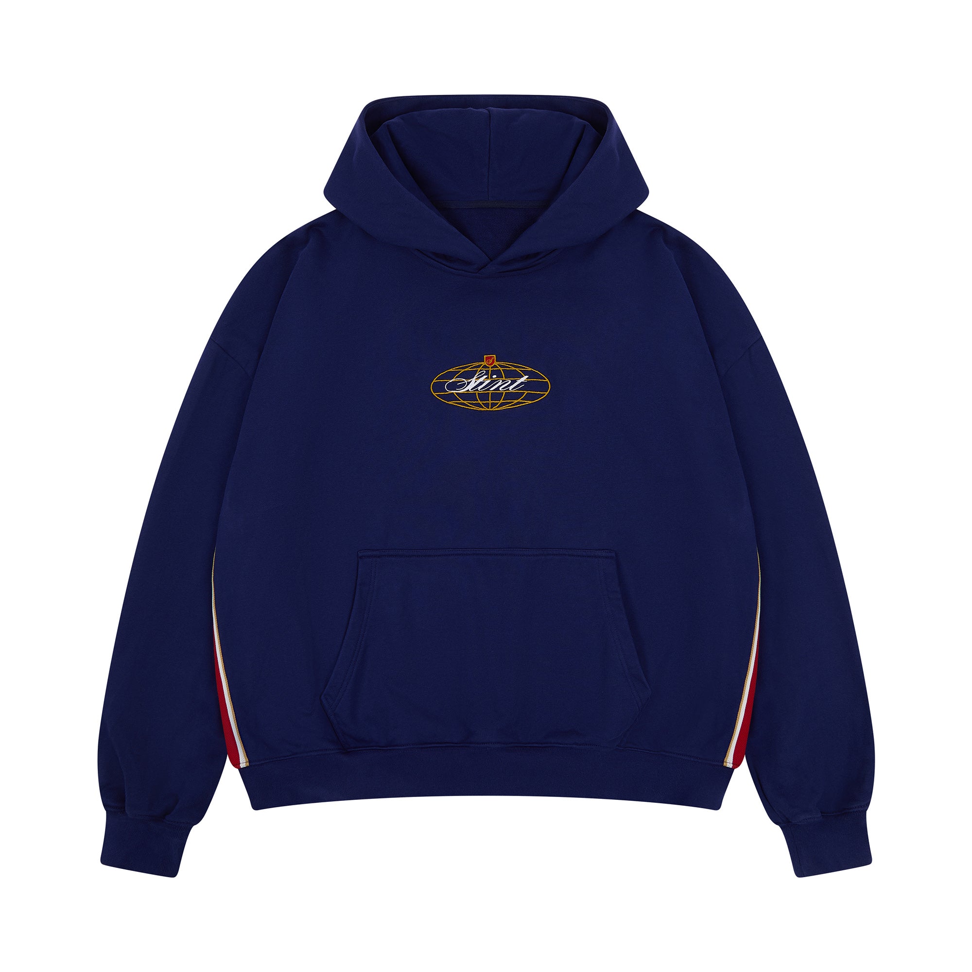 962 Hoodie by STINT GEAR. Blue, gold and red 956 and 962 livery on navy with embroidered chest mark, front. Motorsport livery apparel.