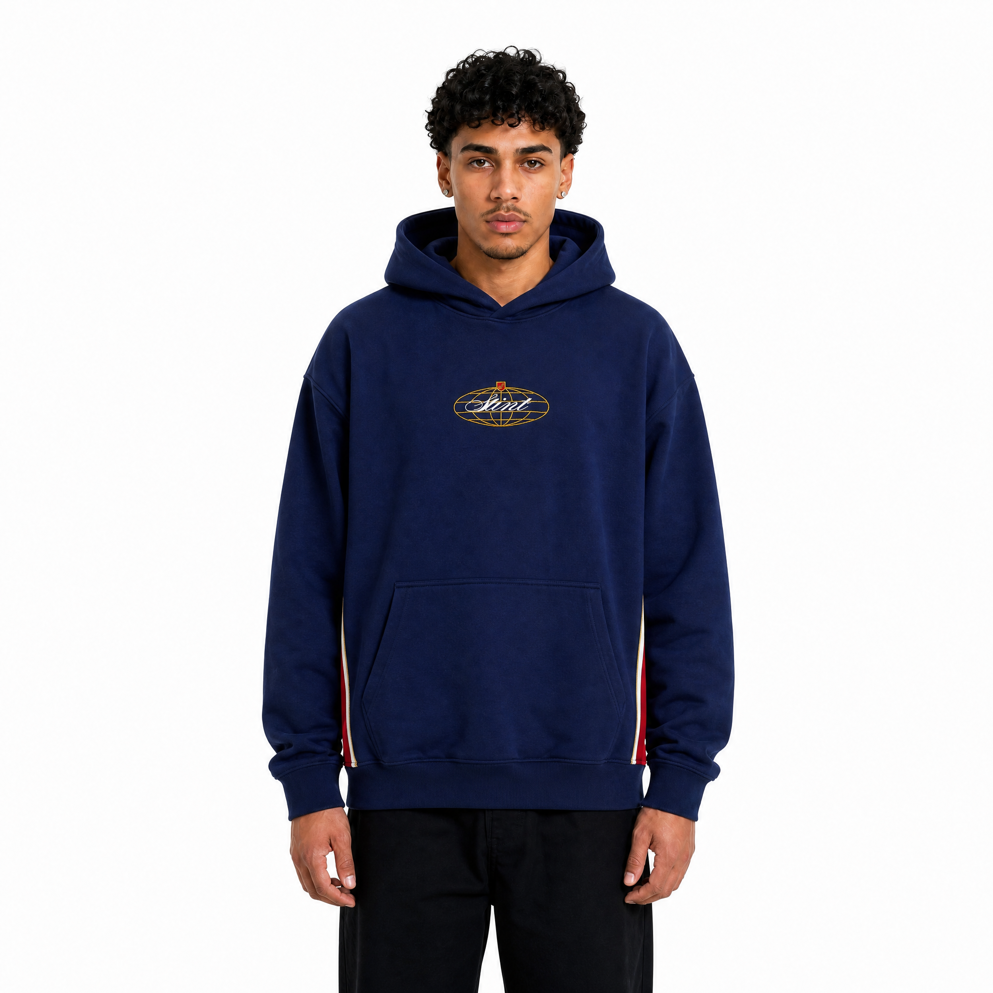 962 Hoodie by STINT GEAR. Blue, gold and red 956 and 962 livery on navy, worn front view. Motorsport livery apparel.