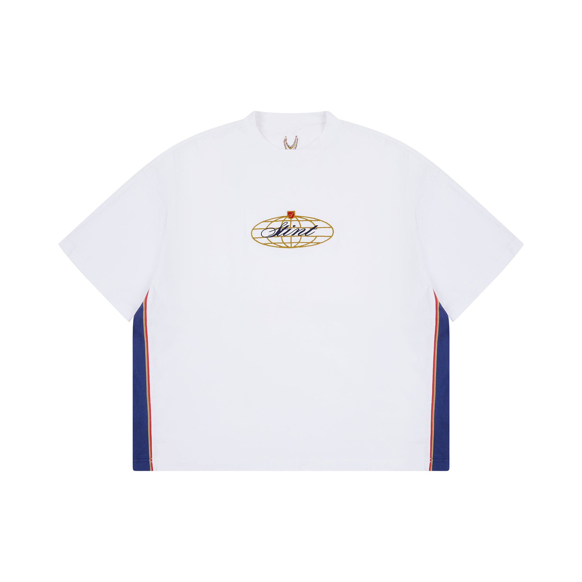 962 Tee by STINT GEAR. Blue, gold and red 956 and 962 livery on white with embroidered chest mark, front. Motorsport livery apparel.