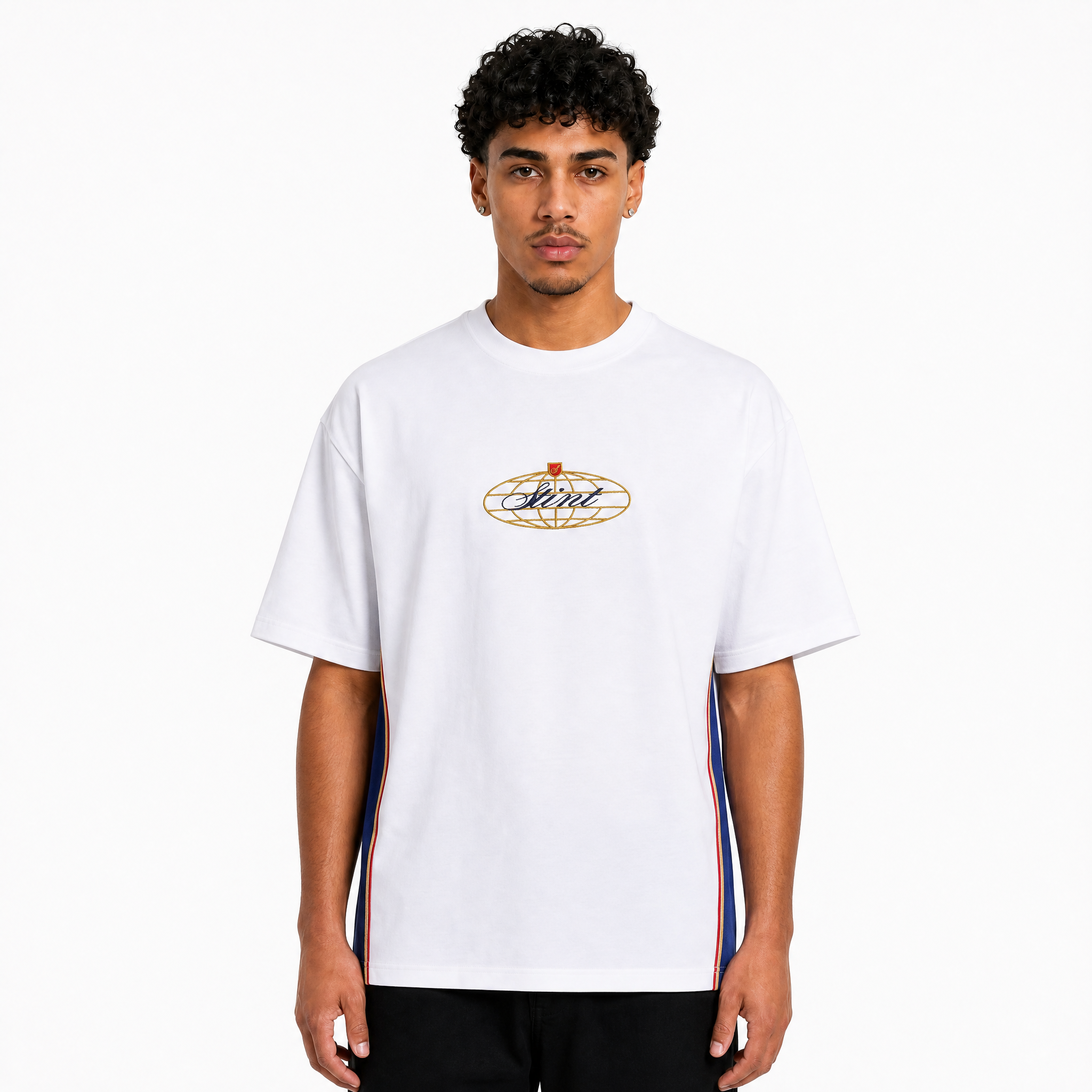 962 Tee by STINT GEAR. Blue, gold and red 956 and 962 livery on white, worn front view. Motorsport livery apparel.