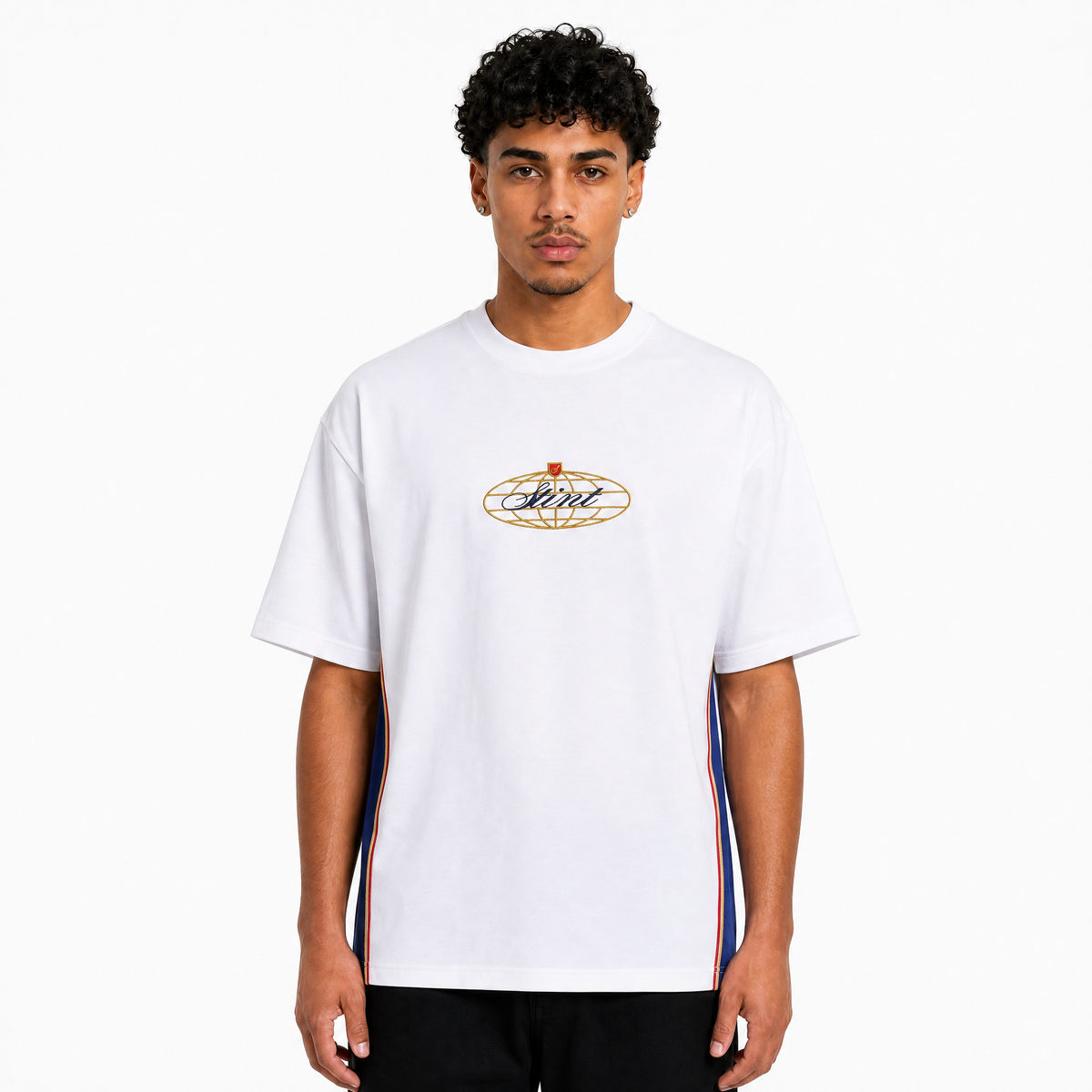 962 Tee by STINT GEAR worn front view. Blue, gold and red 956 and 962 livery on white.