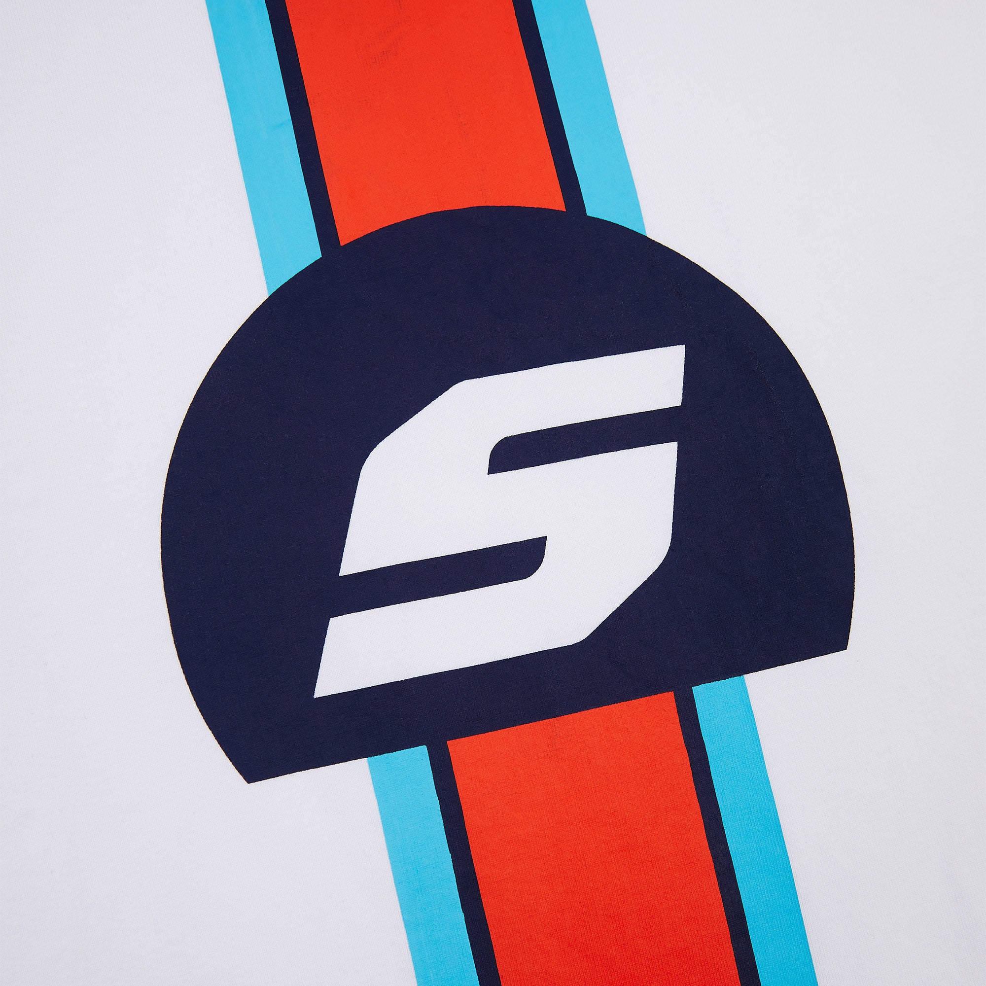 Marigold Tee by STINT GEAR. Close detail on white. Motorsport livery apparel.