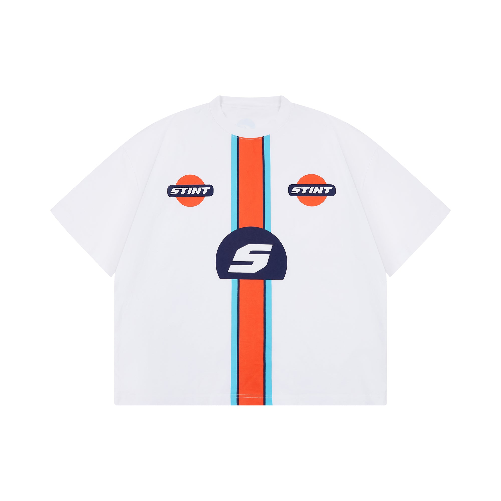 Marigold Tee by STINT GEAR. Marigold band on white, front. Motorsport livery apparel.