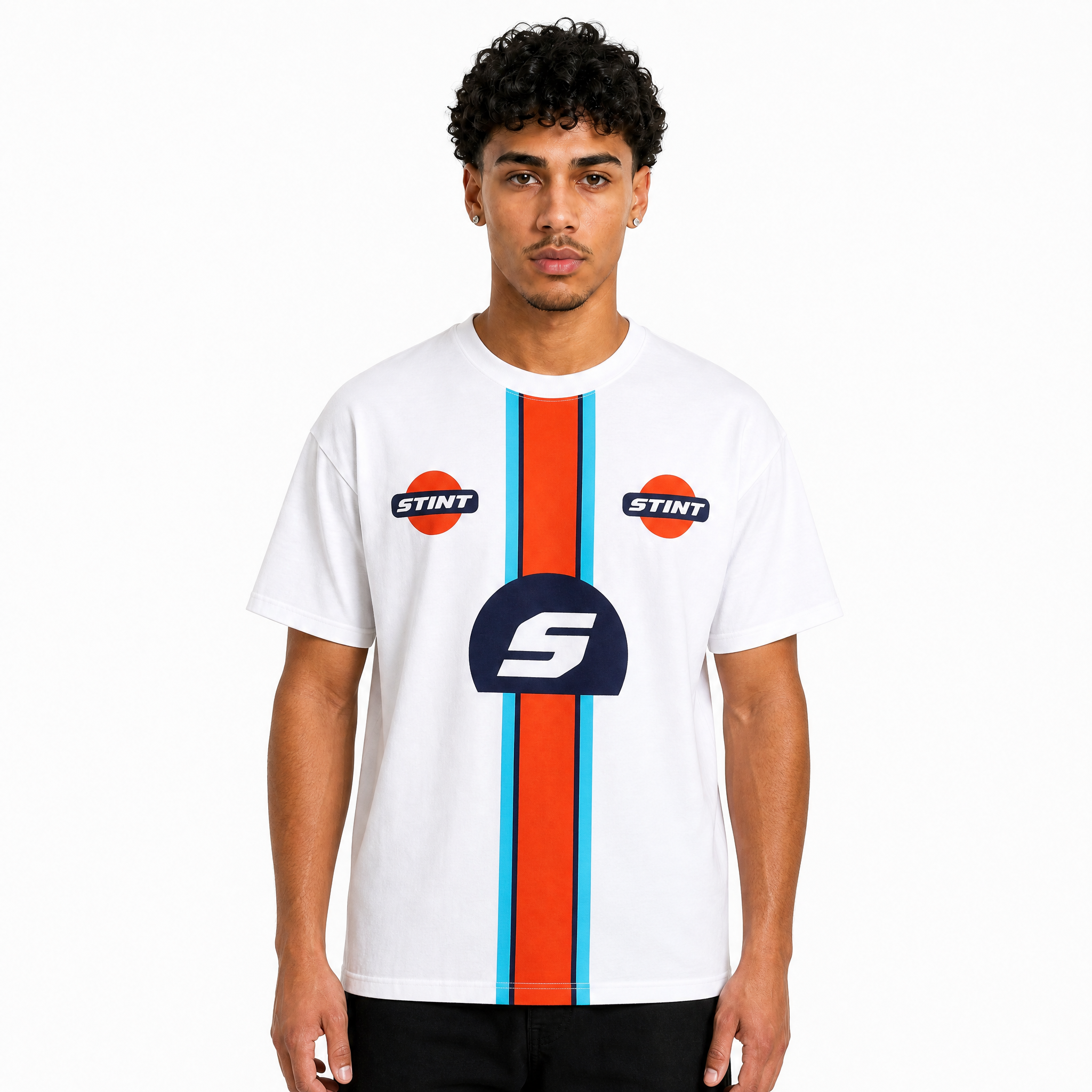 Marigold Tee by STINT GEAR. Marigold band on white, worn front view. Motorsport livery apparel.
