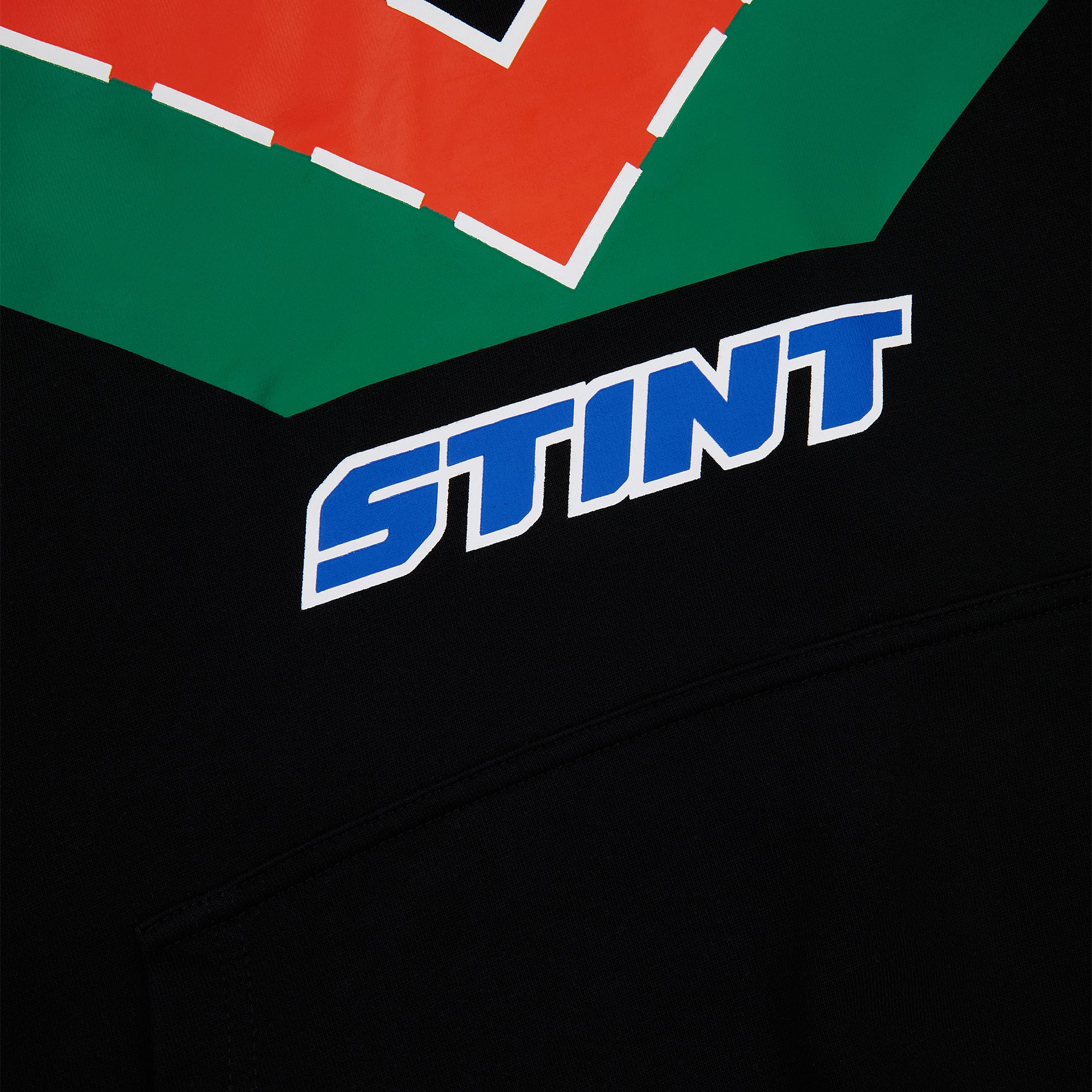 Rotary Hoodie by STINT GEAR. Close detail on black. Motorsport livery apparel.