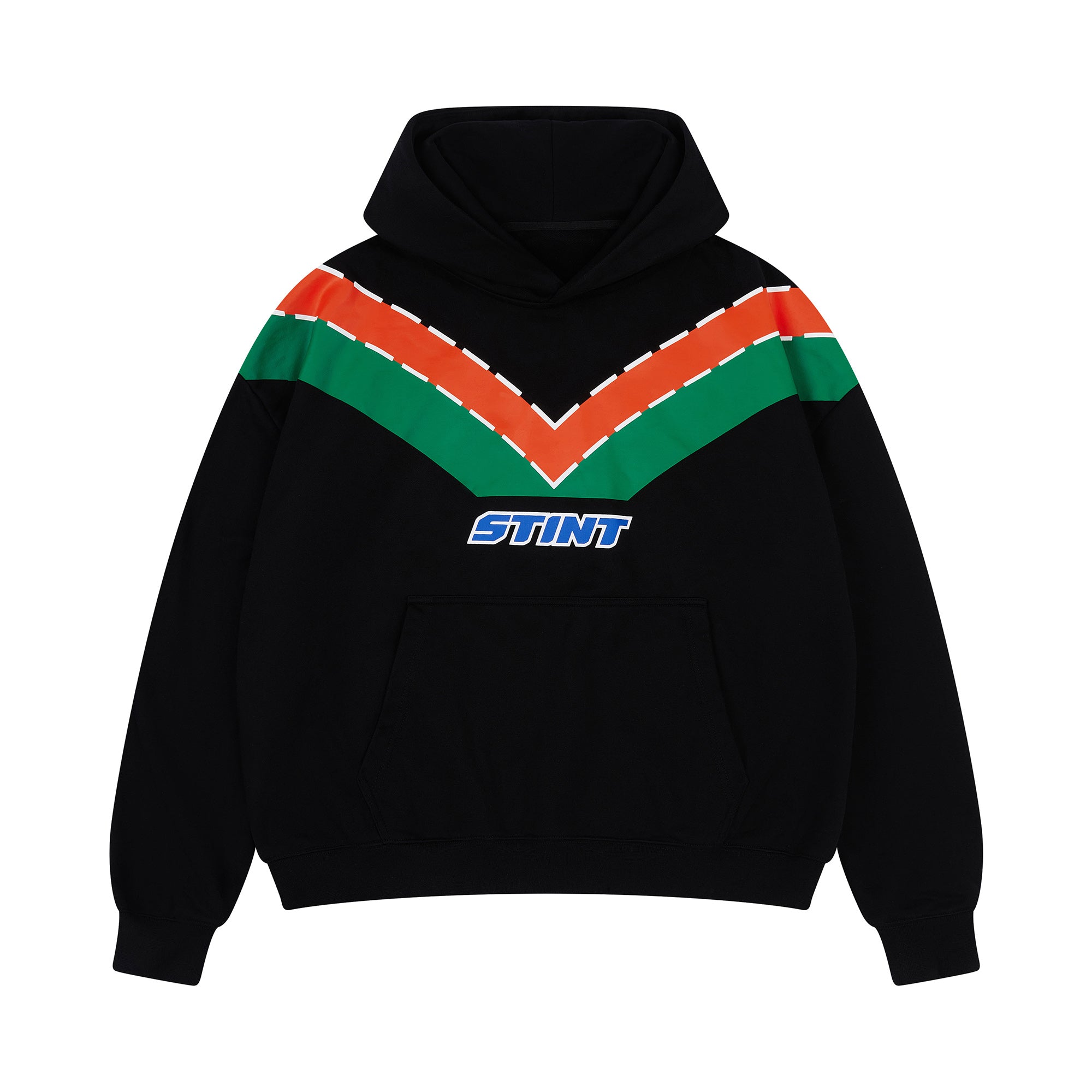 Rotary Hoodie by STINT GEAR. Orange and green 787B livery on black, front. Motorsport livery apparel.