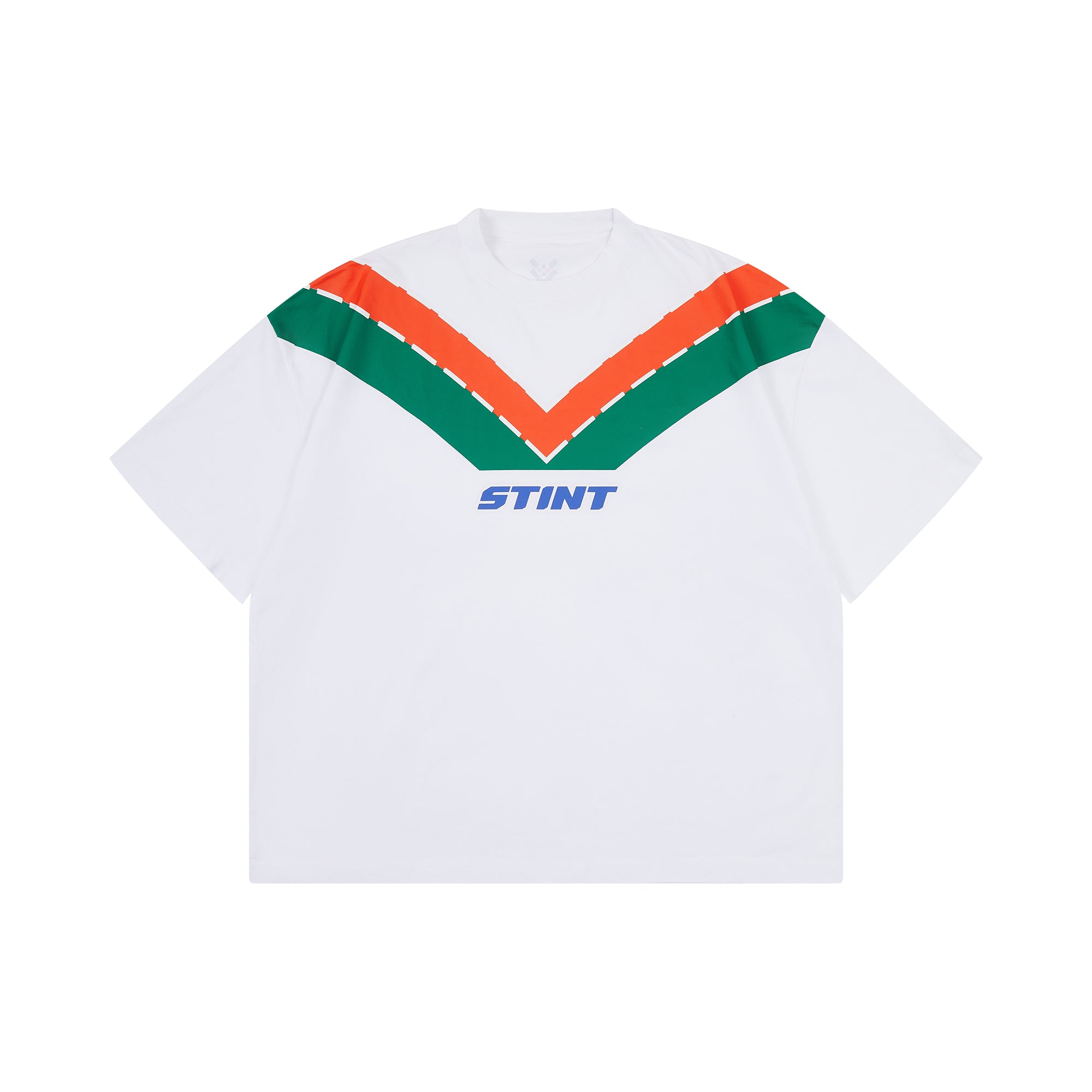 Rotary Tee by STINT GEAR. Orange and green 787B livery on white, front. Motorsport livery apparel.